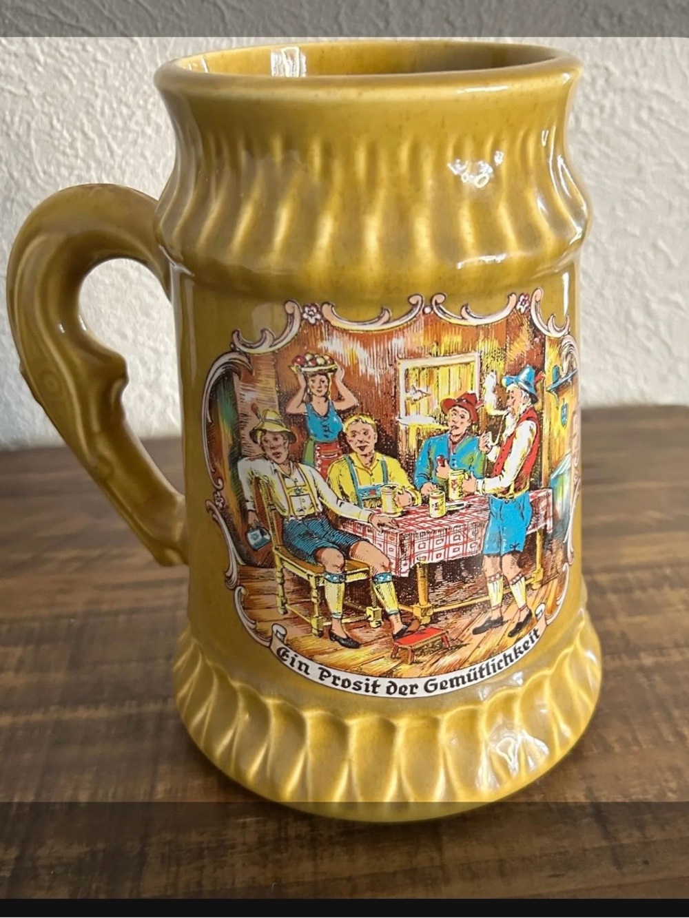 Yellow Ceramic Oktoberfest Beer Stein with Painted Bavarian Scene